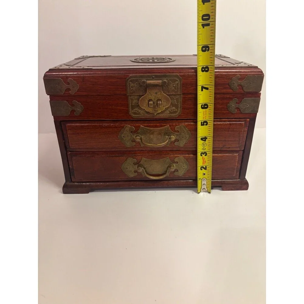 Vintage Chinese Rosewood Jewelry Box-Brass Hardware-Silk Lined-Trinket Chest-